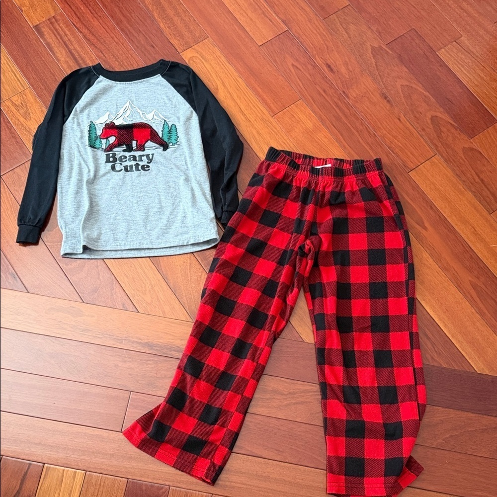 Beary Cute Kids Pajamas Set - Gray and Red Plaid